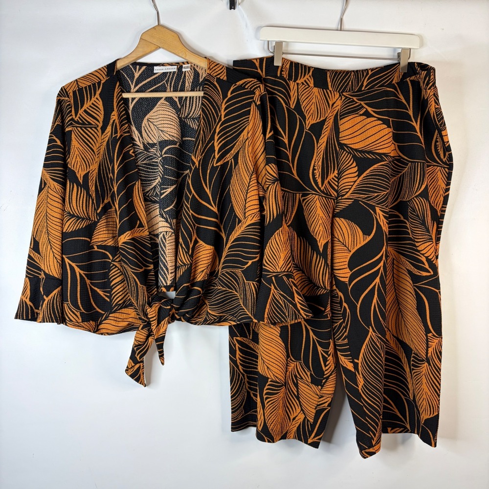 Susan Graver 2 Piece Set Women 1X Black Orange Tropical Leaf Tie Front Wide Leg